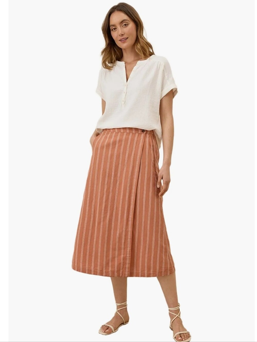 Pact Canopy Linen Striped Wrap Midi Skirt S Vacay Cottage Capsule Hippie Casual - Picture 1 of 11